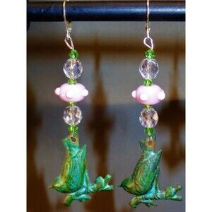 Vintage/New Verdigris bird dangle earrings pink lampwork beads & crystal 925